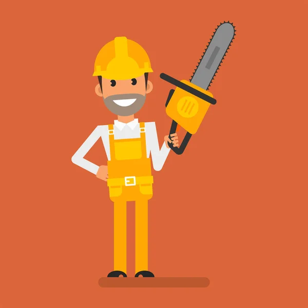 Constructor Sosteniendo Motosierra Sonriendo Gente Plana Ilustración Vectorial — Vector de stock