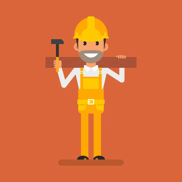 Builder Holding Hammer Wooden Board Flat People Vector Illustration — ストックベクタ