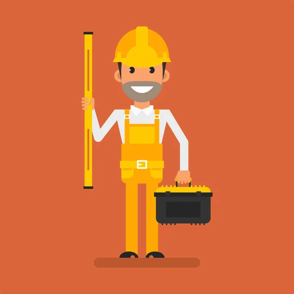 Builder Holding Level Holding Tool Case Smiling Flat People Vector — ストックベクタ