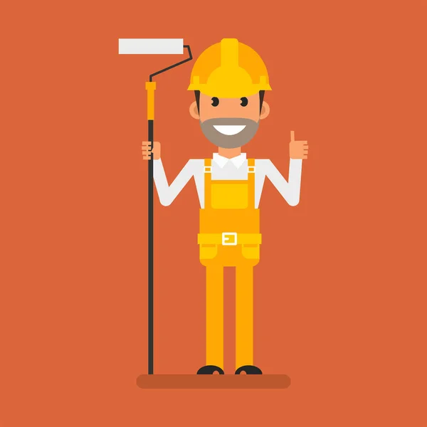 Builder Holding Paint Roller Showing Thumbs Flat People Vector Illustration — ストックベクタ