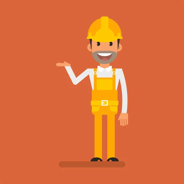 Builder Points His Hand Smiles Flat People Vector Illustration — Stock vektor