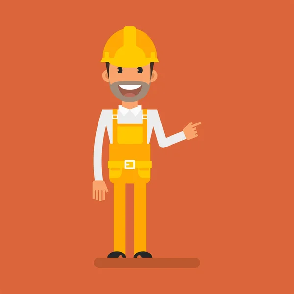 Builder Pointing Finger Smiles Flat People Vector Illustration — Stockvector