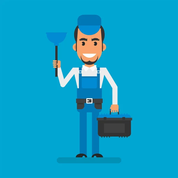 Repairman Holding Plunger Tool Case Flat People Vector Illustration — Stockvector