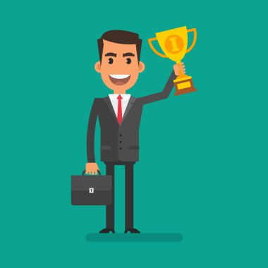 Businessman holding briefcase and holding golden cup. Flat people. Vector Illustration