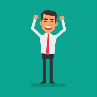 Businessman in shirt raised his hands up and rejoices. Flat people. Vector Illustration