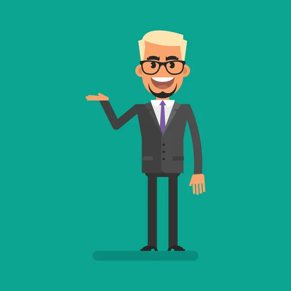 Blond Businessman Points His Hand Smiles Flat People Vector Illustration — Stock Vector