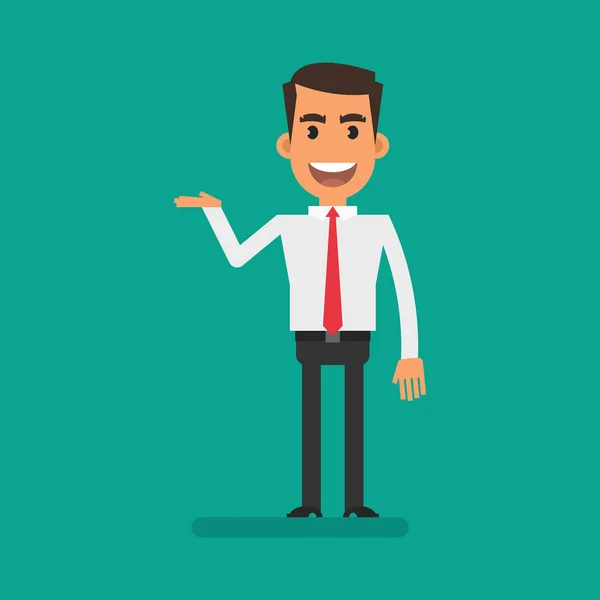 Businessman Shirt Points His Hand Smiles Flat People Vector Illustration — Stockvektor