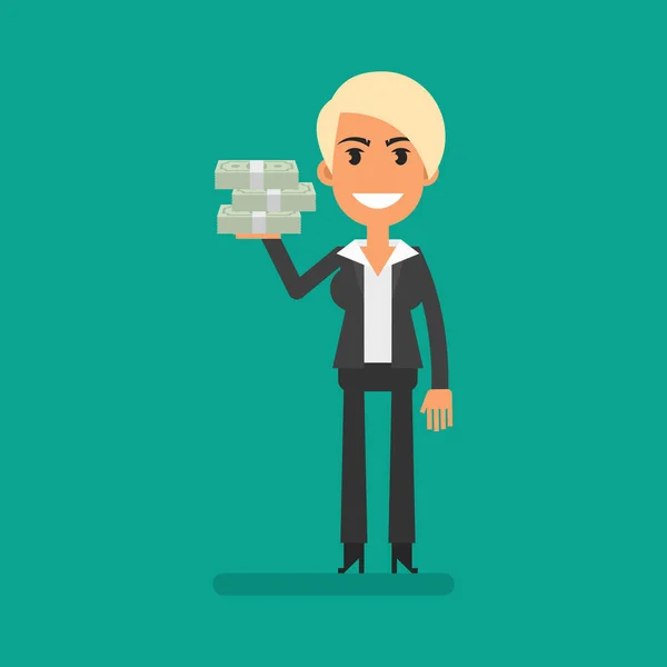 Businesswoman Blonde Holding Several Bundles Money Flat People Vector Illustration —  Vetores de Stock