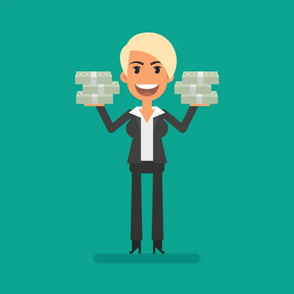 Businesswoman Blonde Holds Many Bundles Money Flat People Vector Illustration — Stock vektor