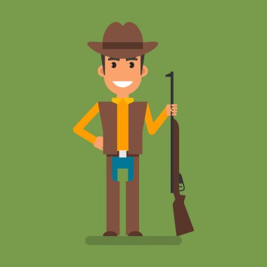 Kovboy el ele tutuşup silah tutuyor ve gülümsüyor. Düz insanlar. Vektör İllüstrasyonu