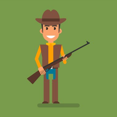 Kovboy silah tutuyor ve gülümsüyor. Düz insanlar. Vektör İllüstrasyonu