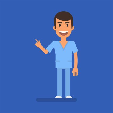 Hemşire adam işaret ediyor ve gülümsüyor. Düz insanlar. Vektör İllüstrasyonu