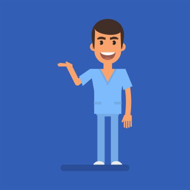 Hemşire adam elleriyle işaret ediyor ve gülümsüyor. Düz insanlar. Vektör İllüstrasyonu