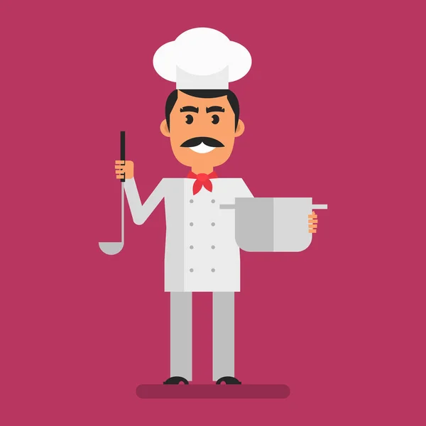 Chef Holding Pot Ladle Smiling Flat People Vector Illustration — Archivo Imágenes Vectoriales