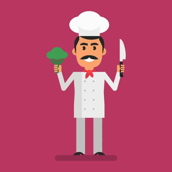 Chef Holding Broccoli Knife Smiling Flat People Vector Illustration — Vector de stock