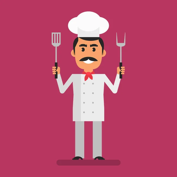 Chef Holding Fork Spatula Smiling Flat People Vector Illustration — Stok Vektör