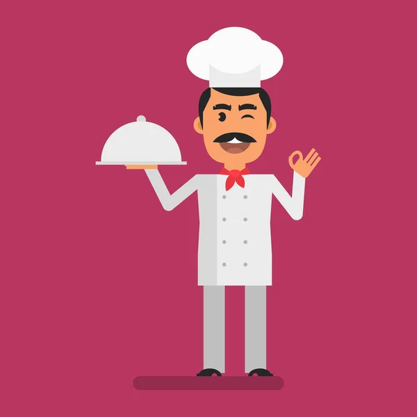 Chef Holding Tray Showing Gesture Flat People Vector Illustration — Archivo Imágenes Vectoriales