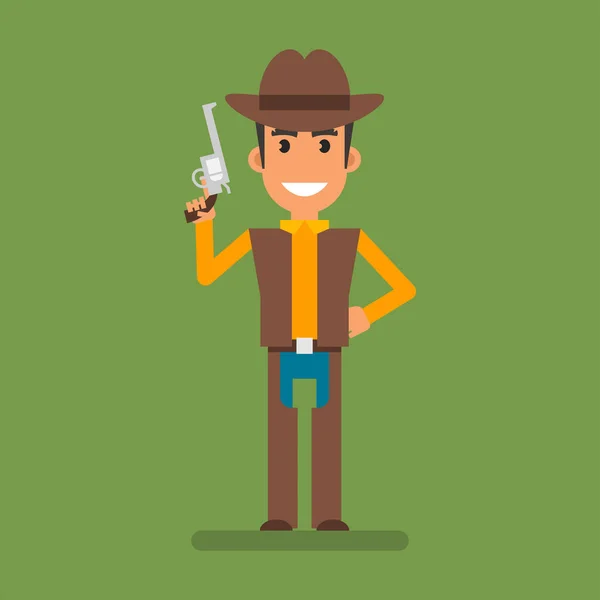 Cowboy Holding Hand Side Holding Revolver Smiling Flat People Vector — Archivo Imágenes Vectoriales