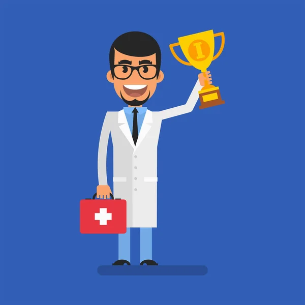 Doctor Holding First Aid Kit Golden Cup Flat People Vector — Vector de stock