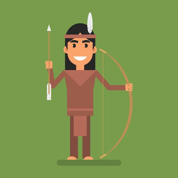 Indian Holding Arrow Bow Smiling Flat People Vector Illustration — Stok Vektör