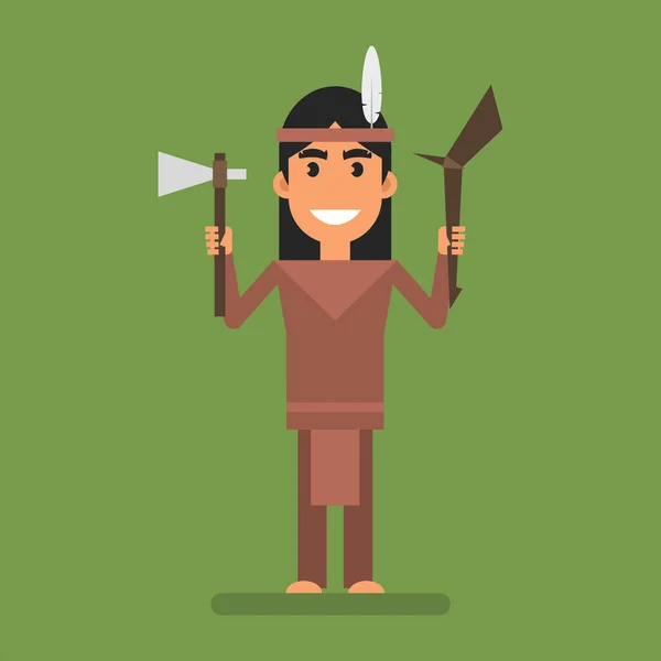 Indian Holding Tomahawk Smiling Flat People Vector Illustration — Stock vektor