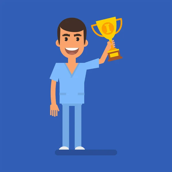 Nurse Man Holding Golden Cup Smiling Flat People Vector Illustration — ストックベクタ