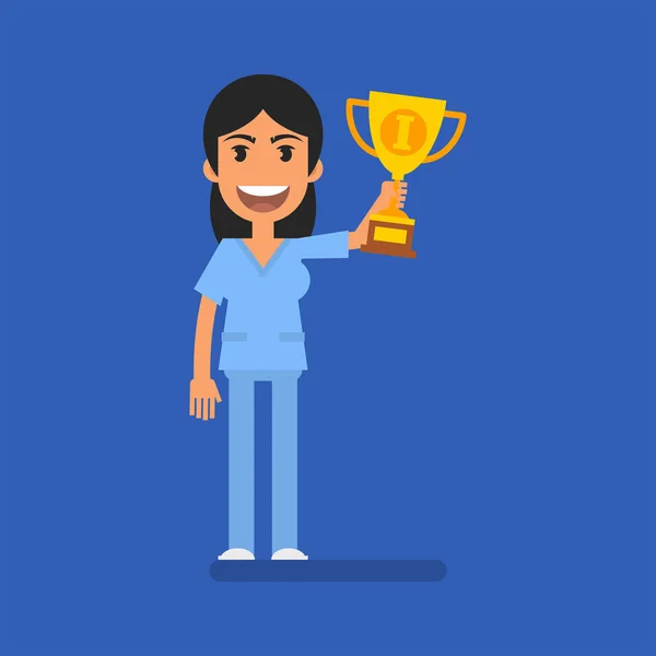 Nurse Woman Holding Golden Cup Smiling Flat People Vector Illustration — 스톡 벡터