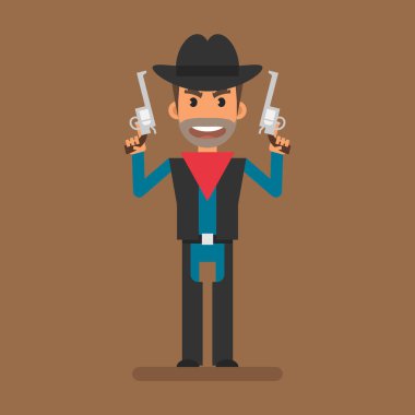 Kovboy soyguncusu iki tabanca tutuyor. Düz insanlar. Vektör İllüstrasyonu