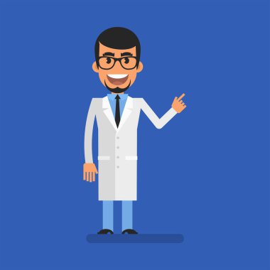 Doktor parmağını gösterip gülümsüyor. Düz insanlar. Vektör İllüstrasyonu