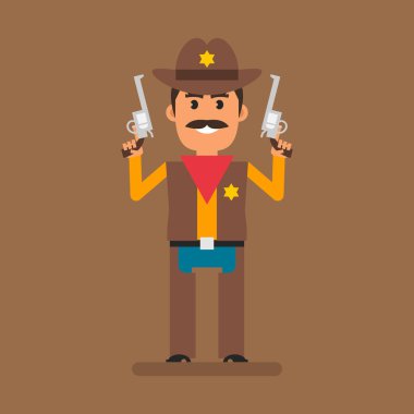 Şerifin elinde iki tabanca var. Düz insanlar. Vektör İllüstrasyonu