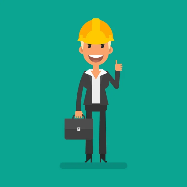 Business Woman Hardhat Holding Briefcase Showing Thumbs Flat People Vector — 스톡 벡터