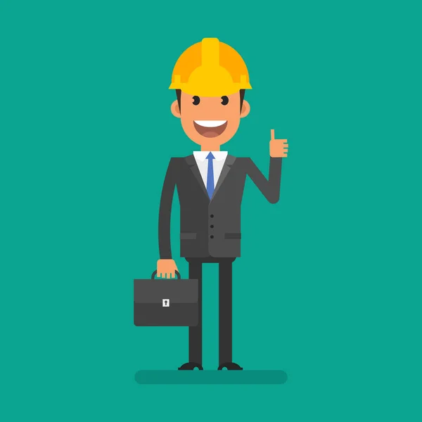 Businessman Hardhat Holding Briefcase Showing Thumbs Flat People Vector Illustration — 스톡 벡터