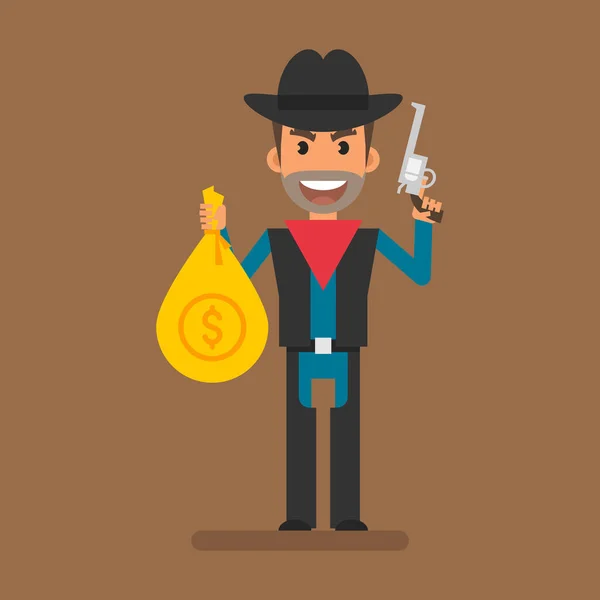 Cowboy Robber Holding Bag Money Holding Revolver Flat People Vector — Stok Vektör