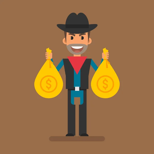 Cowboy Robber Holding Two Big Bags Money Flat People Vector — Stockvektor
