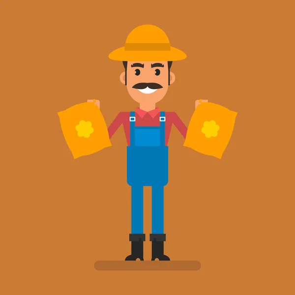 Farmer Holding Bags Fertilizer Smiling Flat People Vector Illustration — Vector de stock