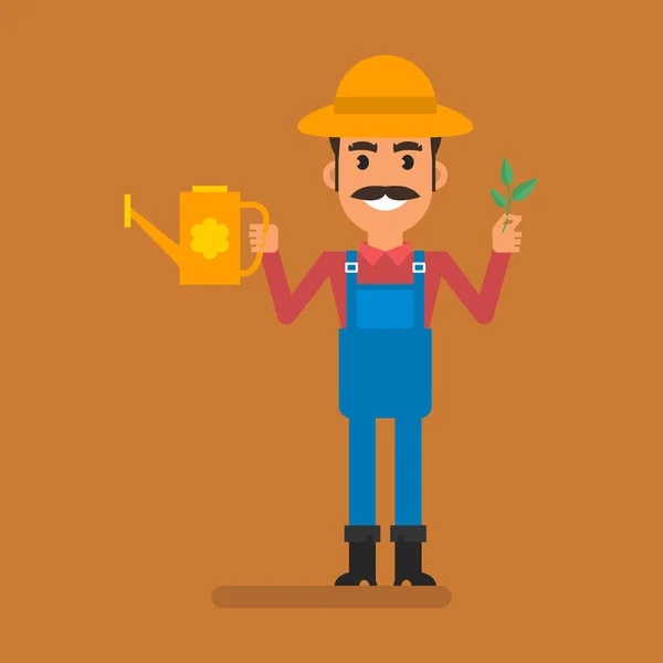 Farmer Holding Plant Watering Can Flat People Vector Illustration — Vector de stock