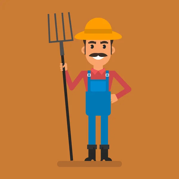 Farmer Holding Pitchfork Smiling Flat People Vector Illustration — ストックベクタ