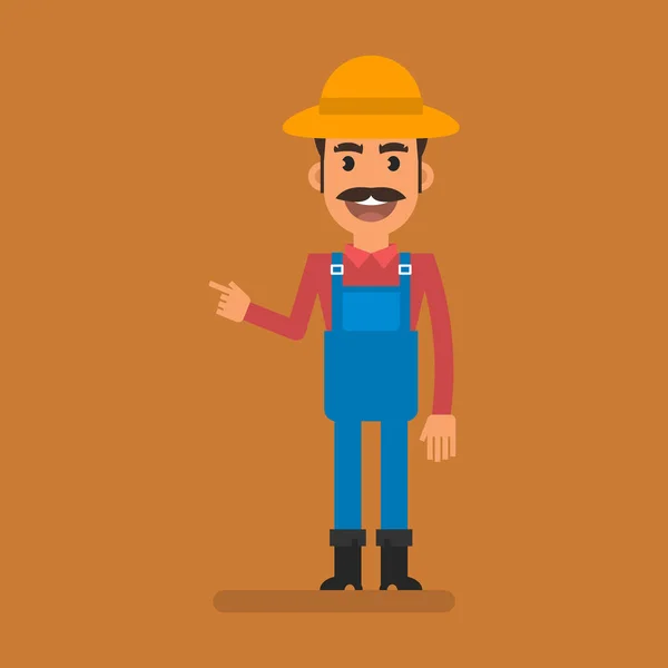 Farmer Points His Finger Smiling Flat People Vector Illustration — ストックベクタ