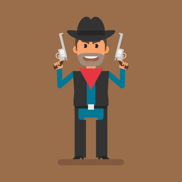 Fat Cowboy Robber Holding Two Revolvers Flat People Vector Illustration — Image vectorielle