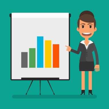 Business woman pointing her finger at negative graph. Flat people. Vector Illustration