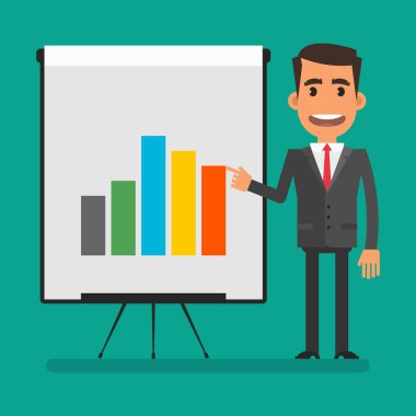 Businessman pointing her finger at negative graph. Flat people. Vector Illustration