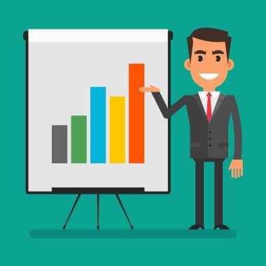 Businessman shows flip chart with positive chart. Flat people. Vector Illustration