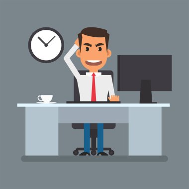 Businessman sits at computer desk and dissatisfied grabs head. Flat people. Vector Illustration