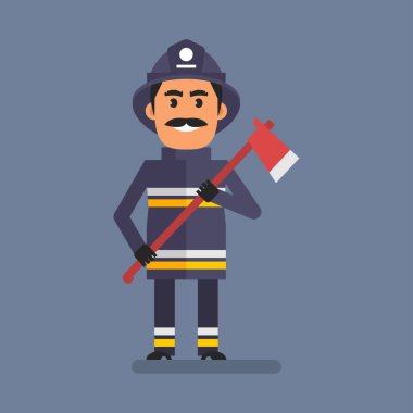 Fireman holding ax and smiling. Flat people. Vector Illustration