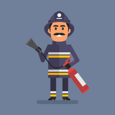 Fireman holding fire extinguisher and smiling. Flat people. Vector Illustration