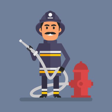 Fireman holding fire hose and smiling. Flat people. Vector Illustration