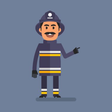 Fireman pointing finger at. Flat people. Vector Illustration