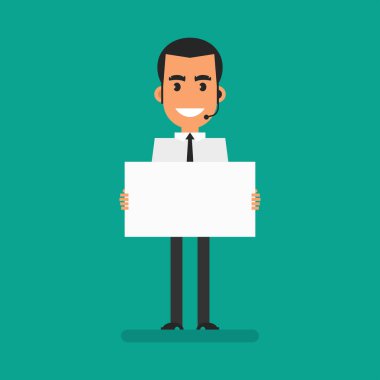 Manager holding blank sign and smiling. Flat people. Vector Illustration