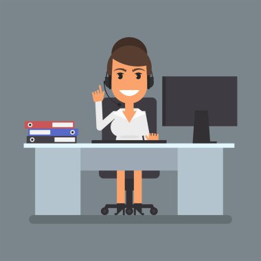 Phone operator girl sits at computer desk and pointing finger up. Flat people. Vector Illustration