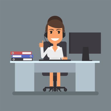 Phone operator girl sits at computer desk and showing thumbs up. Flat people. Vector Illustration